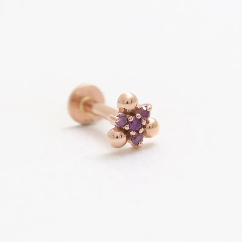 14K Gold Cartilage Helix Tragus Conch Genuine Purple Diamonds Triple Bal Internally Threaded Flat Back Earring Labret