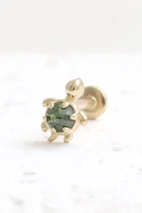 14K Gold Cartilage Helix Tragus Conch Genuine Rose Cut Green Diamond Accent Tiny Turtle Internally Threaded Flat Back Earring Labret