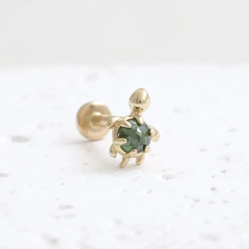 14K Gold Cartilage Helix Tragus Conch Genuine Rose Cut Green Diamond Accent Tiny Turtle Internally Threaded Flat Back Earring Labret