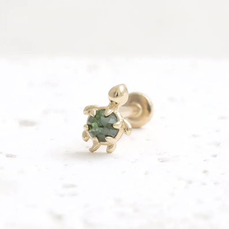 14K Gold Cartilage Helix Tragus Conch Genuine Rose Cut Green Diamond Accent Tiny Turtle Internally Threaded Flat Back Earring Labret