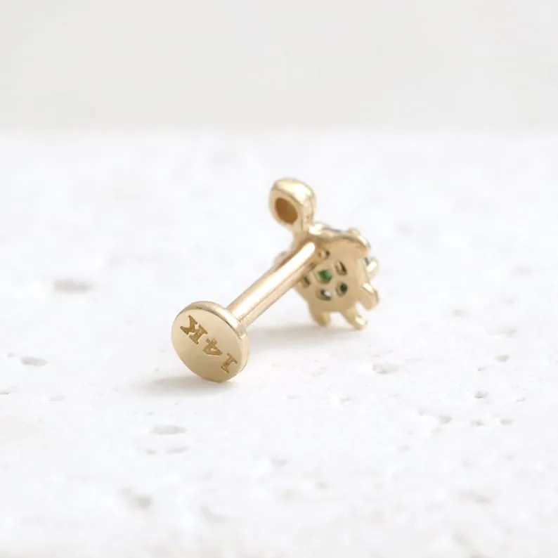 14K Gold Cartilage Helix Tragus Conch Genuine Rose Cut Green Diamond Accent Tiny Turtle Internally Threaded Flat Back Earring Labret