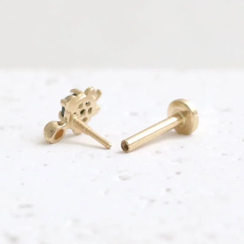 14K Gold Cartilage Helix Tragus Conch Genuine Rose Cut Green Diamond Accent Tiny Turtle Internally Threaded Flat Back Earring Labret