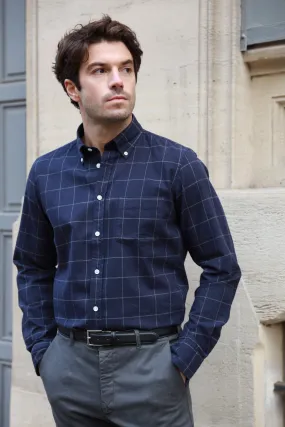 Chemise Clovis col boutonné en flanelle de coton - Carreaux Marine