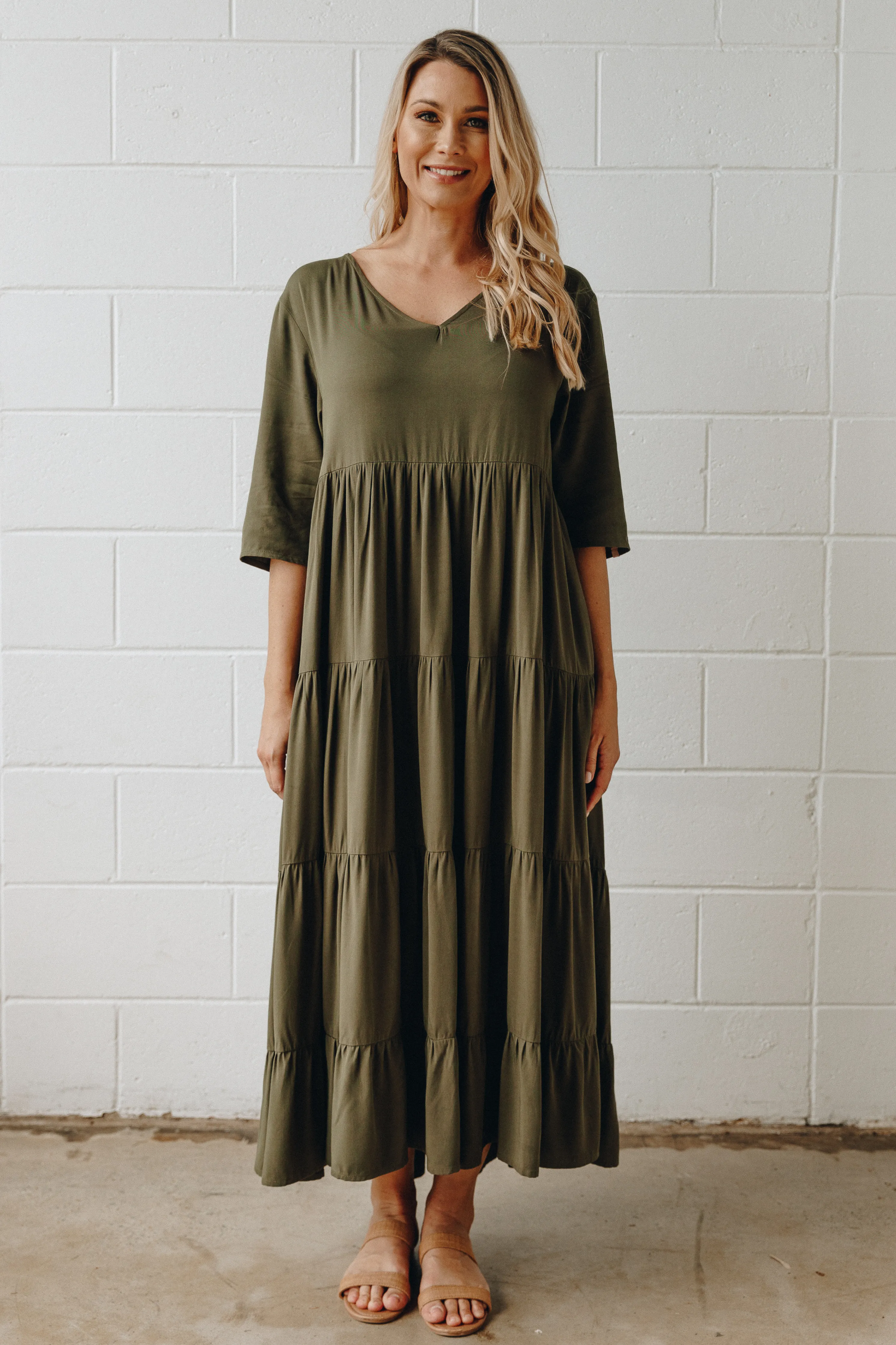 FINAL SALE Ruffle Dress in Khaki