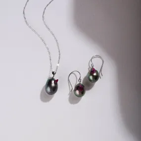 Point Collection Tahitian Drop Pearl Dangle Earrings and Pendant Set with Ruby