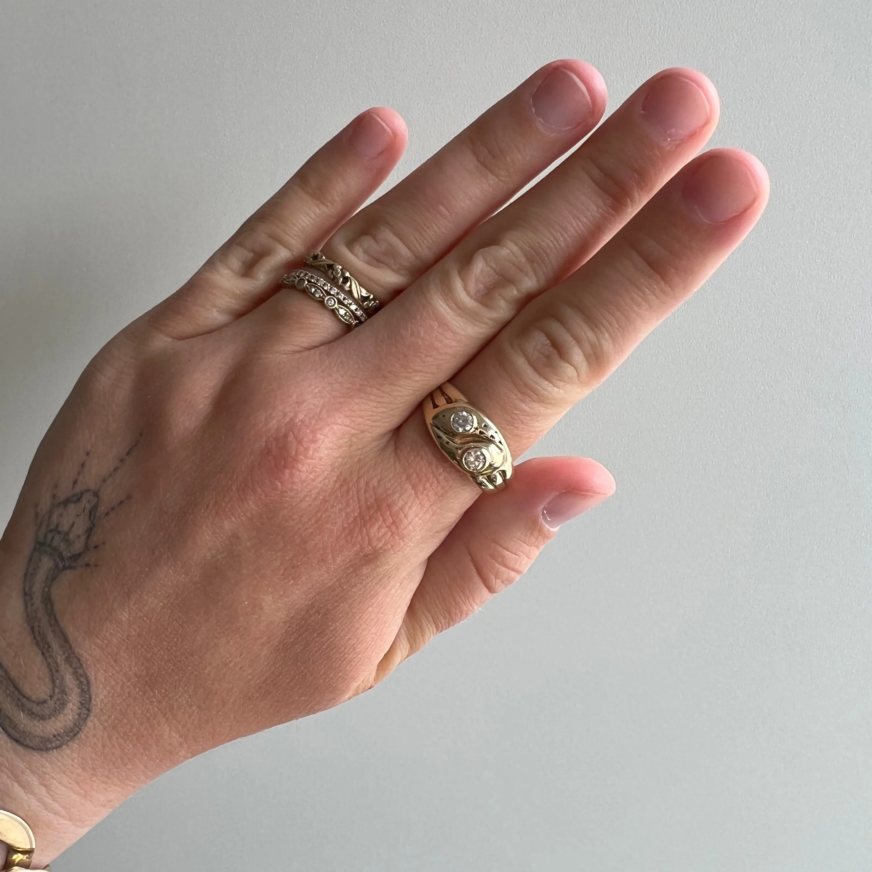 re-worked V I N T A G E // serpent stacker / 9k yellow gold and diamond double snake ring / size 9.25