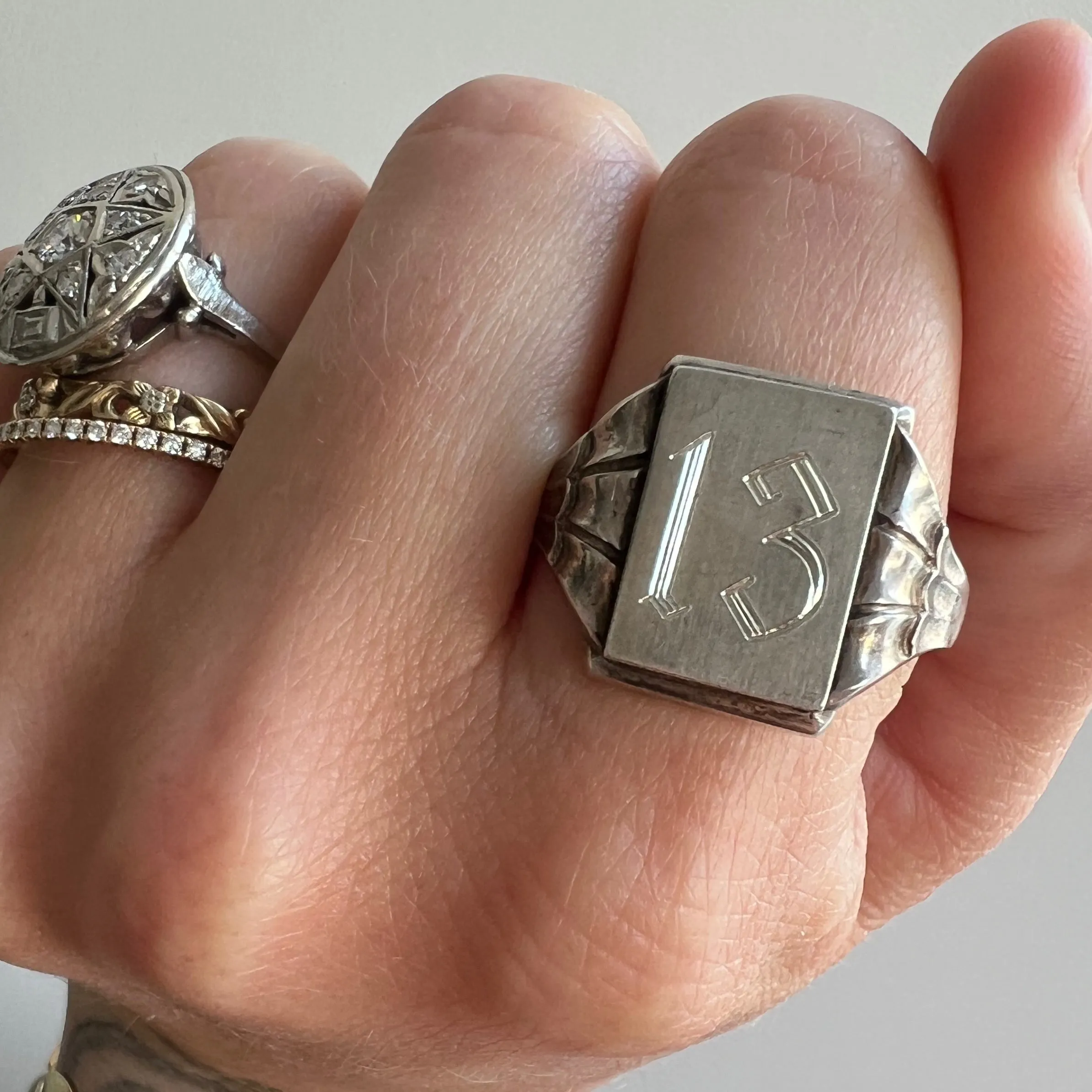 reimagined V I N T A G E // lucky 13 / 800 silver signet ring with new engraving / size 10.75