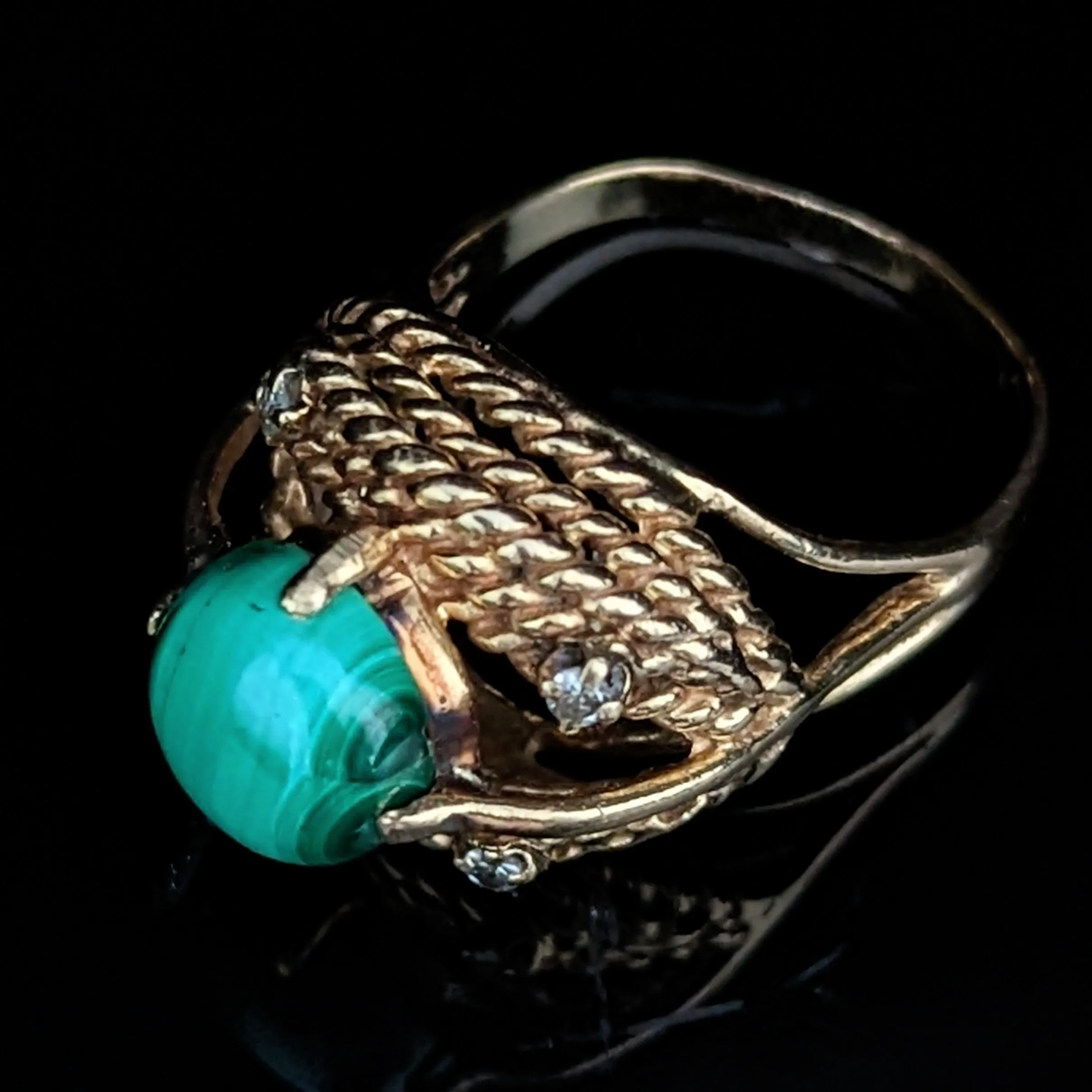 The Siena - Vintage Malachite Diamond 14k Yellow Gold Cocktail Ring