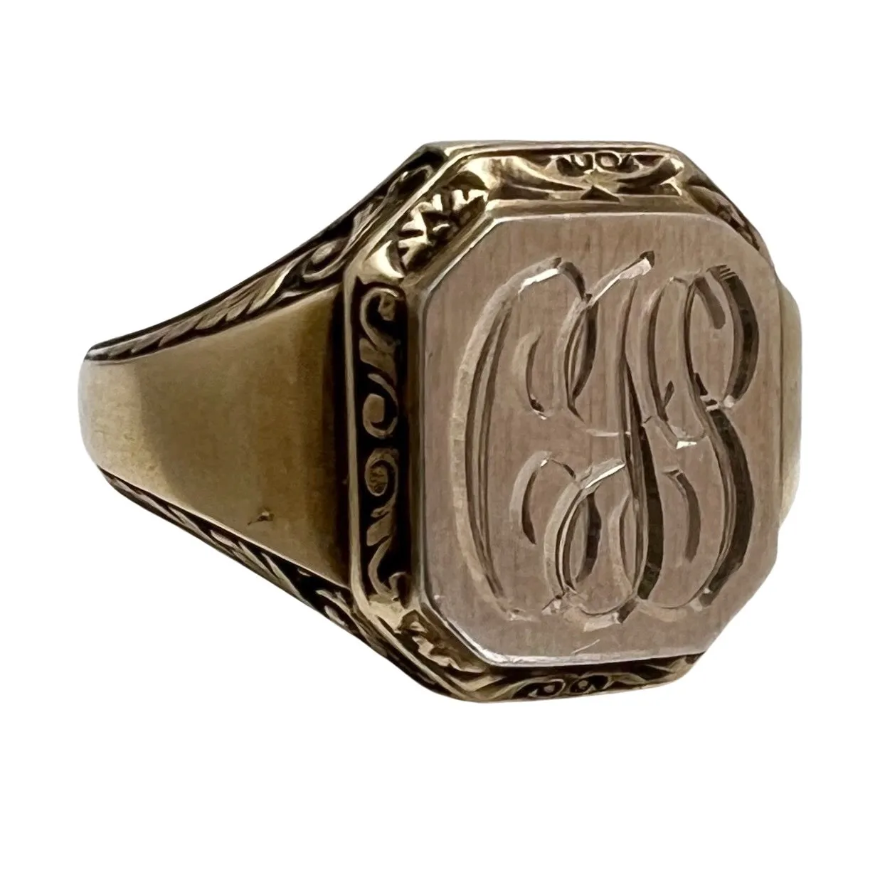 V I N T A G E // CJS initials / 14k yellow and white gold engraved signet ring / size 5