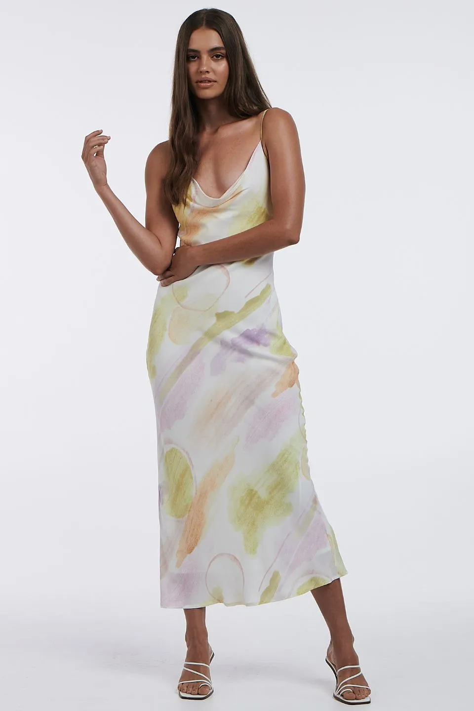 Zia Cowl Neck Strappy Ibiza Watercolour Bias Midi Dress