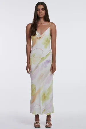 Zia Cowl Neck Strappy Ibiza Watercolour Bias Midi Dress