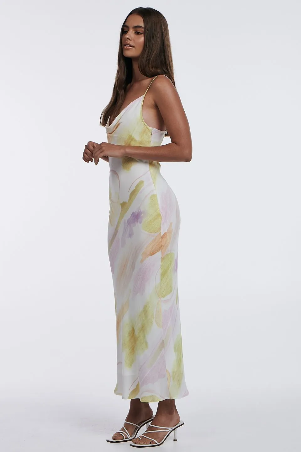 Zia Cowl Neck Strappy Ibiza Watercolour Bias Midi Dress